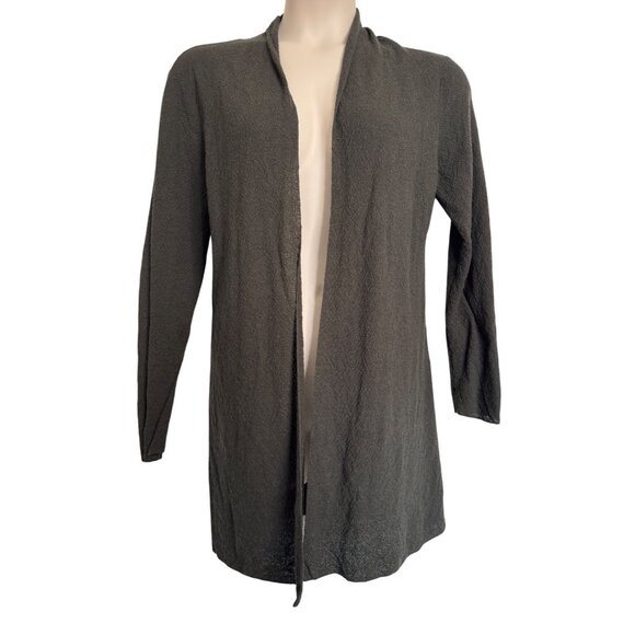 Eileen Fisher Olive Green 100% Wool Open Cardigan Sweater EUC Textured - Picture 1 of 8